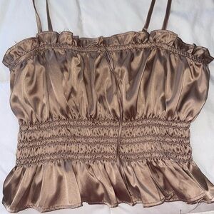 Brown and tan satin crop top with adjustable straps